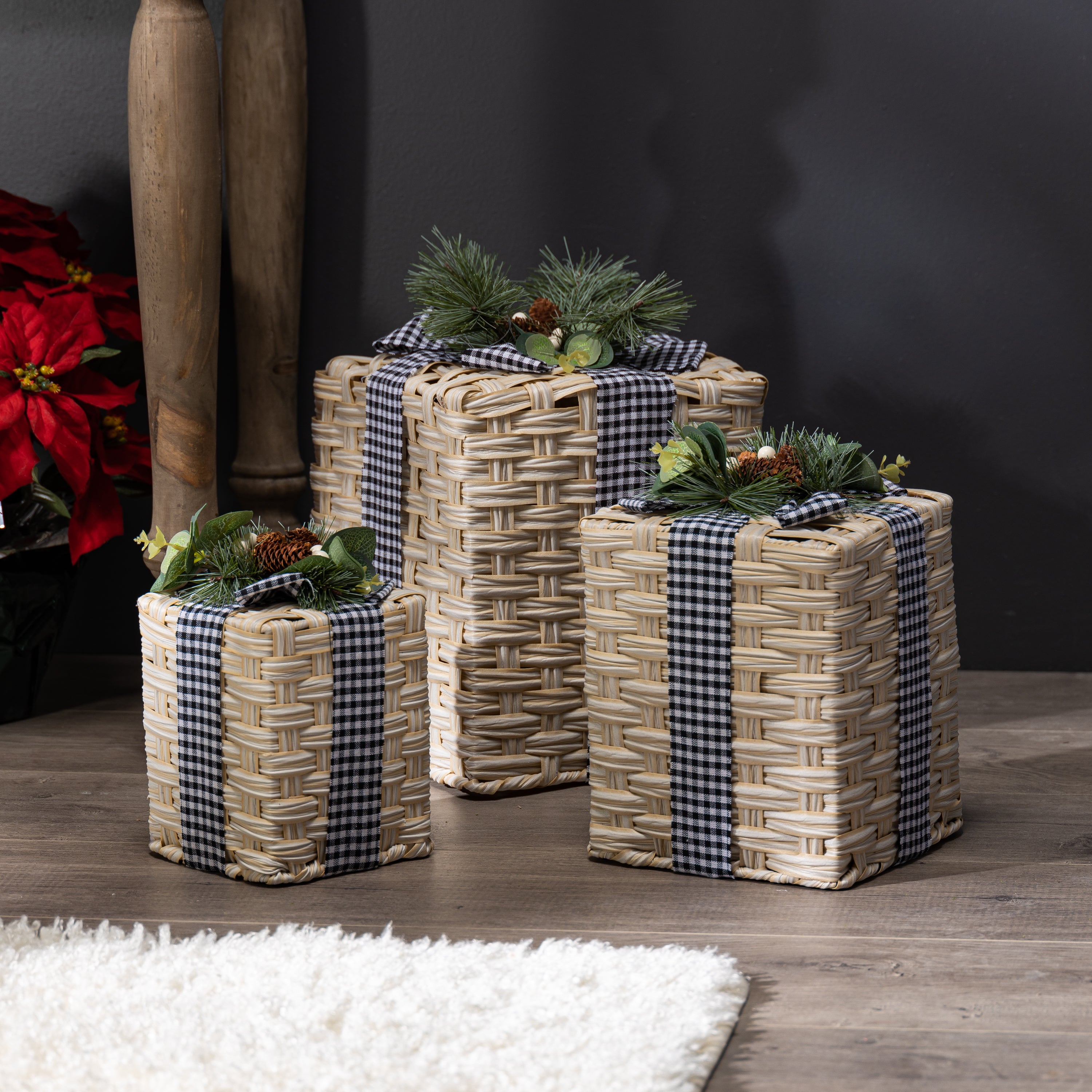 Set of 3 Holiday Christmas Present Decor, Neutral Farmhouse